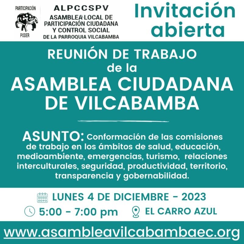 Invitacion para la conformación de comisiones de trabajo de la Asamblea Ciudadana de Vilcabamba