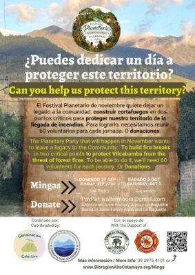 Convocatoria a mingas para protección de territorio en Vilcabamba en septiembre 2026